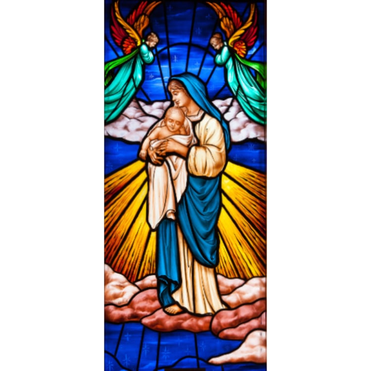 St Francis stained glass of Mary holding baby Jesus